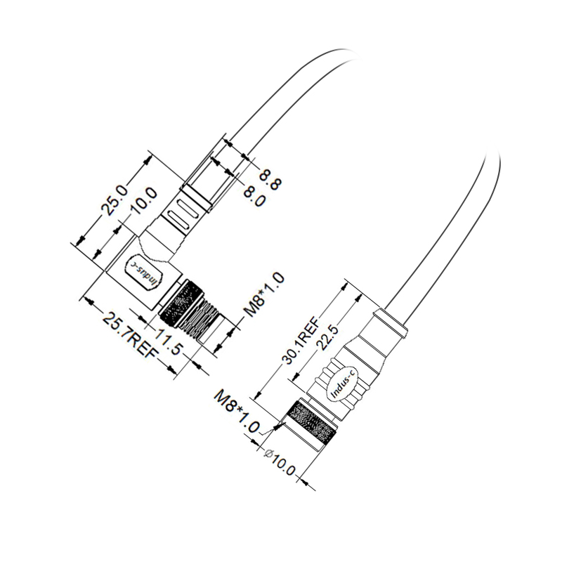 M8 3pins A code male right angle to female straight molded cable, unshielded, PVC, -10°C~+80°C, 24AWG 0.25mm²